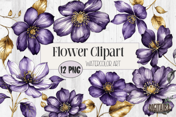 Download Purple &amp; Gold Watercolor Flower Bundle - Watercolor flower bundle Collection