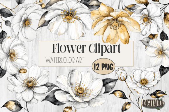 Download White &amp; Gold Watercolor Flower Bundle - Watercolor flower bundle Collection